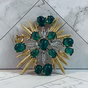 Vintage Signed Mid Century Ledo Polcini Emerald Green Gold Sunburst Pin/Brooch